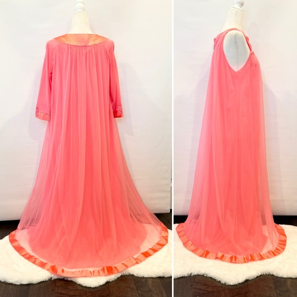 Vintage Artemis Gossard Pink Coral Silky Satin Sheer Chiffon Maxi Gown Robe Set - Picture 2 of 13